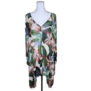 Cha Cha Vente Swim Cover Up Oversized Top Womens Size XL Green Red Tropical